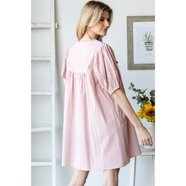 SHORT SLEEVE RIBBON DETAIL SQUARE NECK DRESS: Mauve