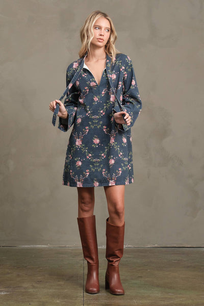 Floral Printed Denim Tunic Mini Dress - RD1201: BLOSSOM BLUE