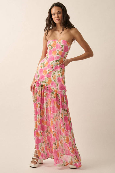 Strapless Asymmetric-Seam Floral Woven Maxi Dress: Off White-Pink
