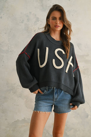 USA ROPE LETTER SWEATER: NAVY