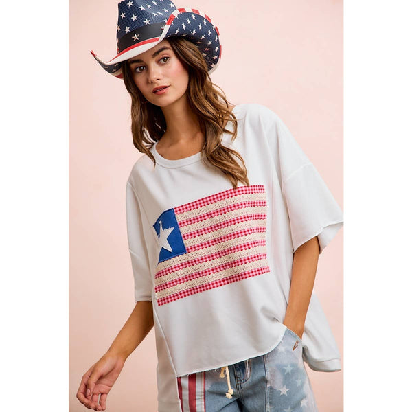 4TH OF JULY AMERICAN FLAG PATCHWORK SHORT TOP: OFF WHITE
