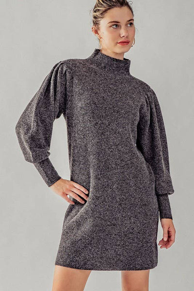 Balloon Sleeve Mock Neck Sweater Dress: HUNTER GREEN / S-2/M-2/L-2