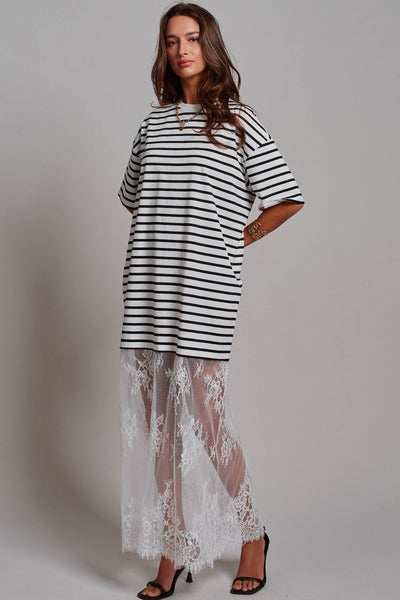 Mixed-Media T-Shirt Dress with Sheer Lace Skirt: Stripe