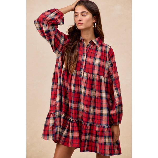 PLAID WOVEN SHRRING BUTTONED TIERED SHIRT DRESS: CAMEL MULTI / S