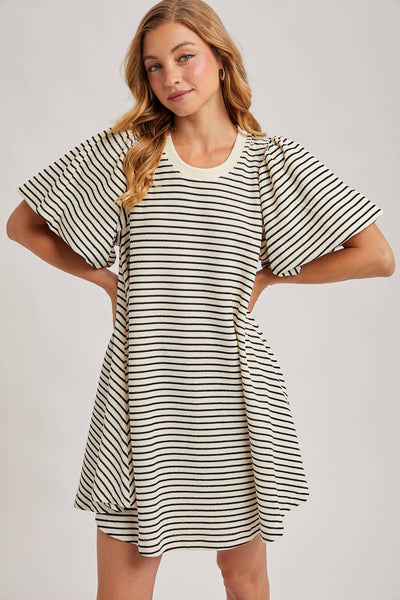 PUFF SLEEVES BILLOWY SILHOUETTE STRIPED DRESS: IVORY