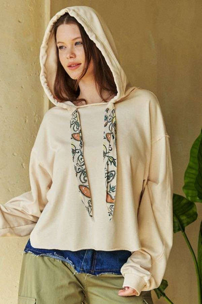 SOLID LONG SLEEVES PRINT TIE LOOSE FIT HOODIE TOP