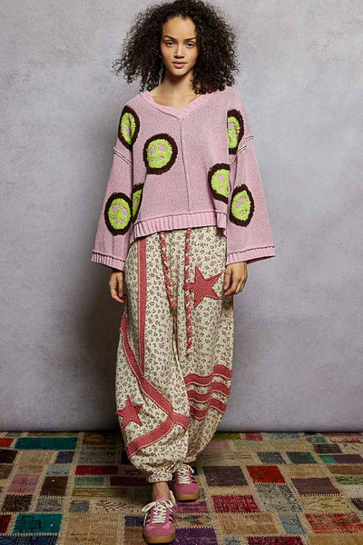 V neck long sleeve peace Berber print sweater