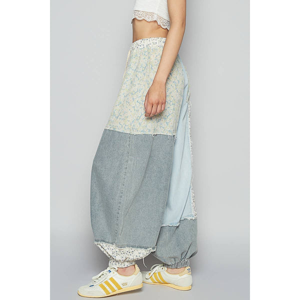 Adjustable waistband contrast patchworks patns: DENIM MULTI / M