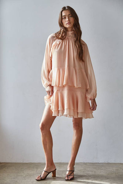 Woven Polyester Chiffon Ruffled Mock Neck Mini : Coral