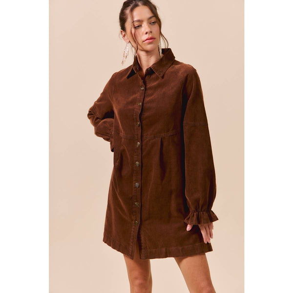 WASHED CORDUROY BUTTON DOWN SHIRT MINI DRESS: BROWN