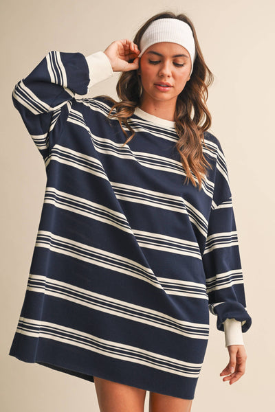 STRIPED LOVE SLEEVE OVERSIZED SWEATSHIRT DRESS: NAVY