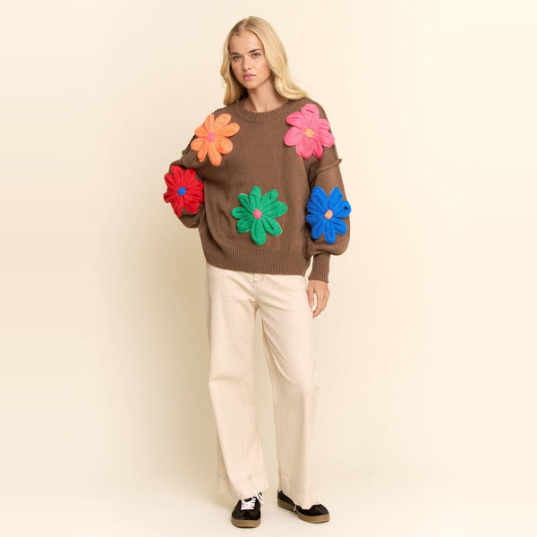 3D Floral Applique Crewneck Sweater: Mocha