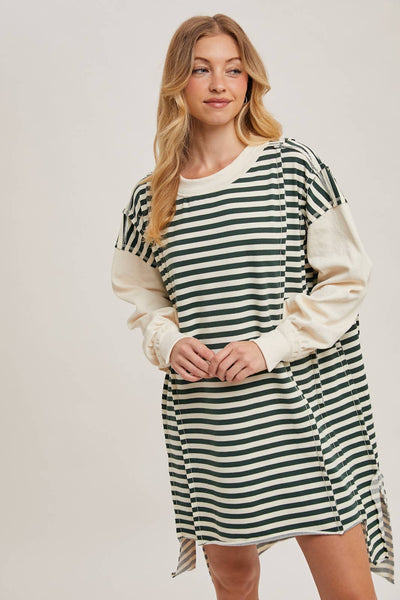 OVERSIZED CONTRAST STRIPE SWEATSHIRT DRESS: HUNTER GREEN