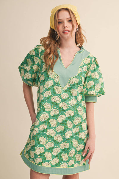 FLORAL PRINT PUFF SLEEVE A-LINE MINI DRESS MDR4855: SAGE GREEN FLORAL / M