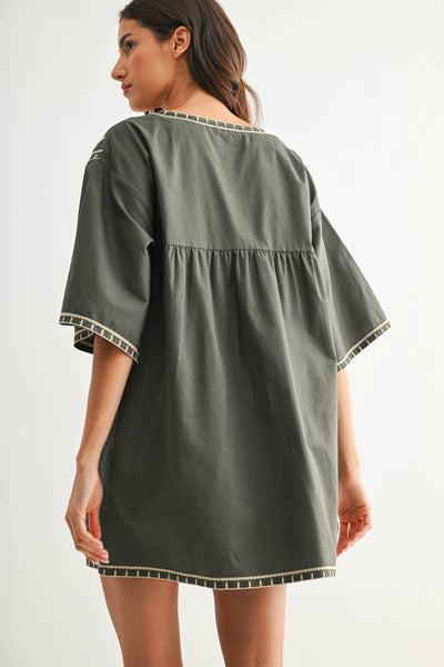 Embroidered Shift Dress with Deep V-Neckline: FOREST GREEN