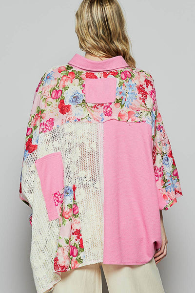 Oversize long sleeve crochet lace contrast top