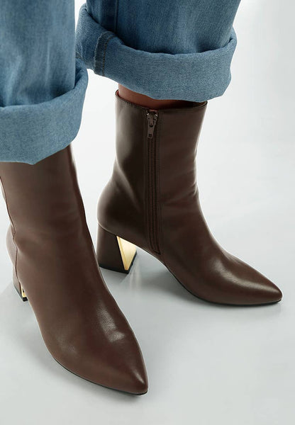 Kaira Metallic Accent Heel High Ankle Boots: Brown