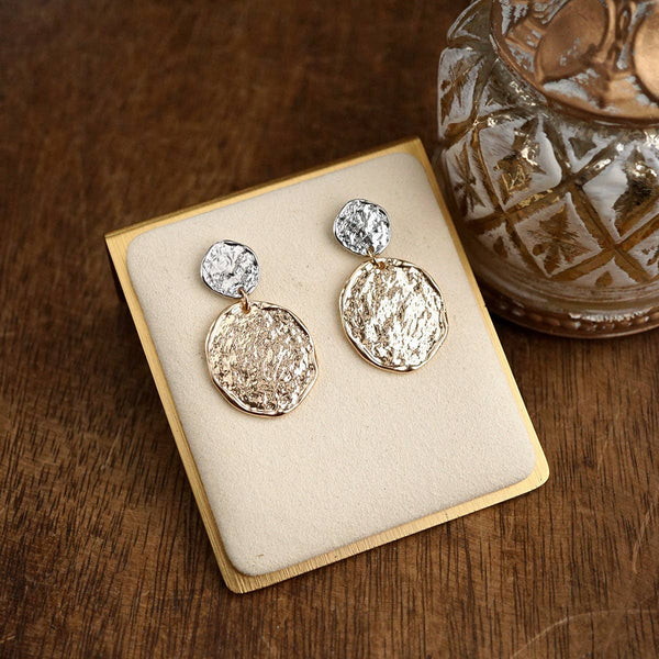 Golden Muse – Two Disc Textured Earrings: Silver Tone