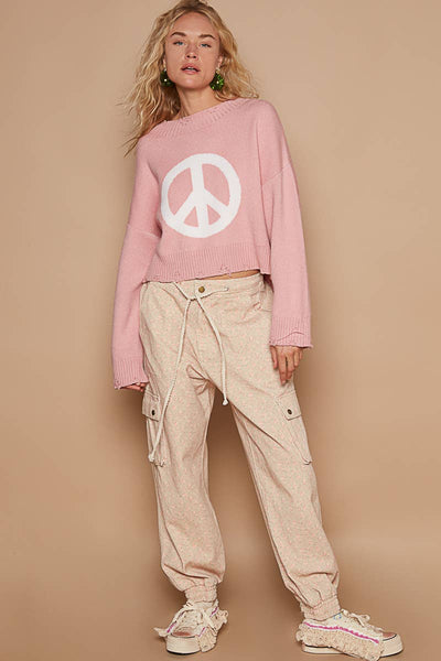 Round neck long sleeve peace sign solid sweater