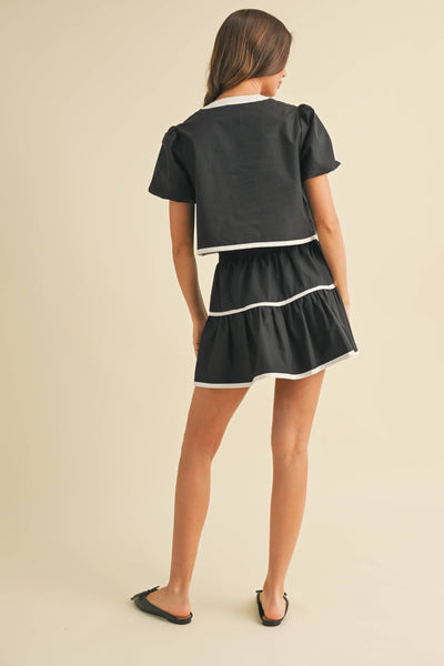 CONTRAST TIE TOP AND TIERED MINI SKIRT SET: BLACK/WHITE