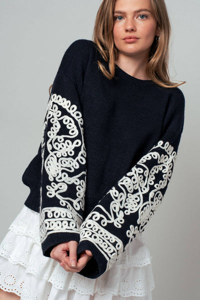 Embroidered Sleeve  Knit Sweater: BLACK IVORY
