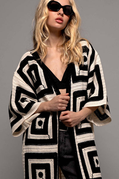 Geometric Crochet Midi Length Open Front Cardigan: BLACK