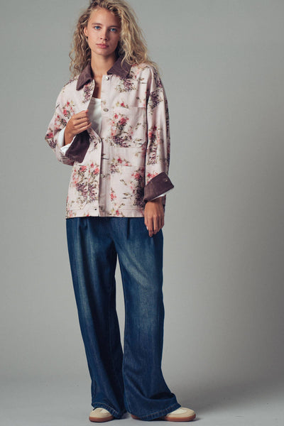 Watercolor Floral Oversized Cotton Utility Jacket: PINK/BROWN