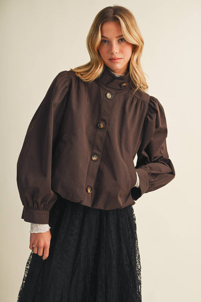 Funnel-Neck Puff-Sleeve Blouson Jacket: DK.BEIGE / M