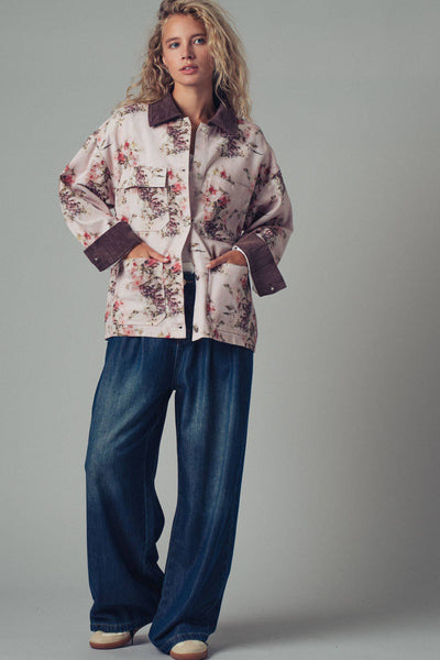 Watercolor Floral Oversized Cotton Utility Jacket: PINK/BROWN
