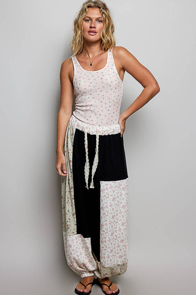Boho Elastic Waistband Patchwork Balloon Wide Leg Pants :BLACK MULTI