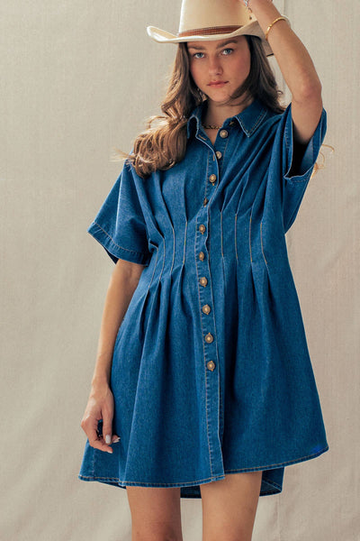 Tailored Waist Short Sleeve Denim Shirtdress: DENIM BLUE / S-M-L:2-2-2