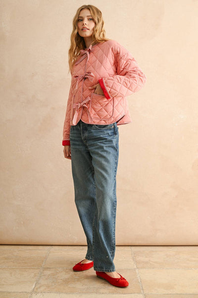 TIE FRONT QUILT JACKET: PINK