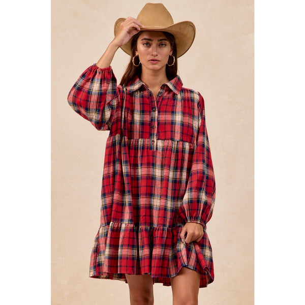 PLAID WOVEN SHRRING BUTTONED TIERED SHIRT DRESS: CAMEL MULTI / S