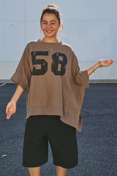 Retro Graphic Oversized French Terry Top: Brown / ONE SIZE