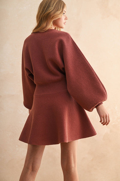 BALLON SLEEVE SWEATER DRESS: OLIVE /
