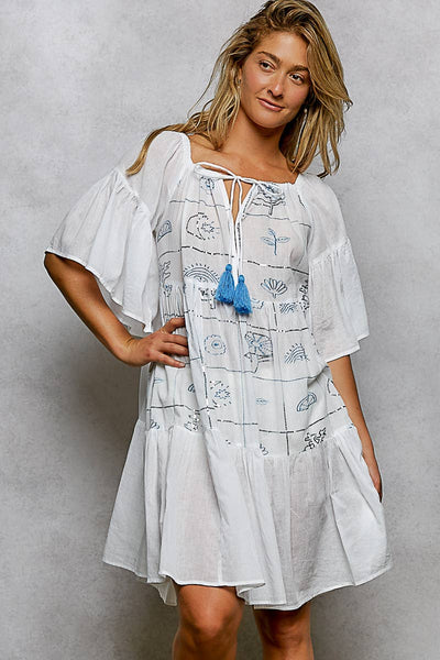 Round Neck 1/2 Sleeve Embroidered Cotton Woven Dress