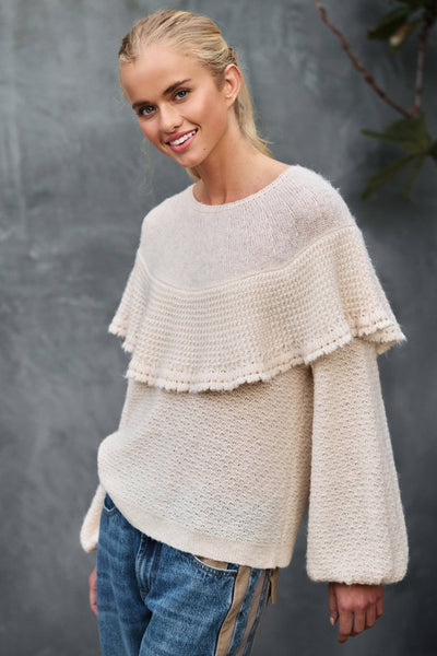 Ruffle Yoke Blouson Sleeve Knit Sweater: NATURAL