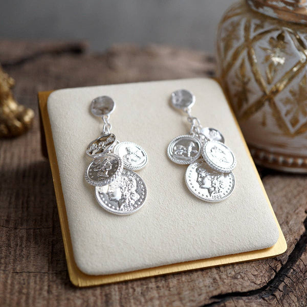 Starlit Relics – Coin Chandelier Statement Earrings: Worn Silver Tone