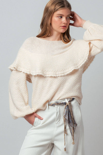 Ruffle Yoke Blouson Sleeve Knit Sweater: NATURAL