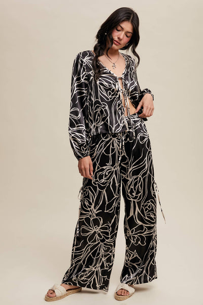 Bold Floral Print Satin Shirt Set