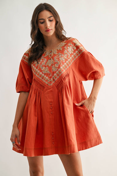 CJD26988 Embroidered Linen Tunic Dress: BURNT ORANGE / S-M-L (3-2-1)