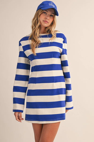 STRIPED LONG BELL SLEEVE MINI DRESS: ROYAL MULTI