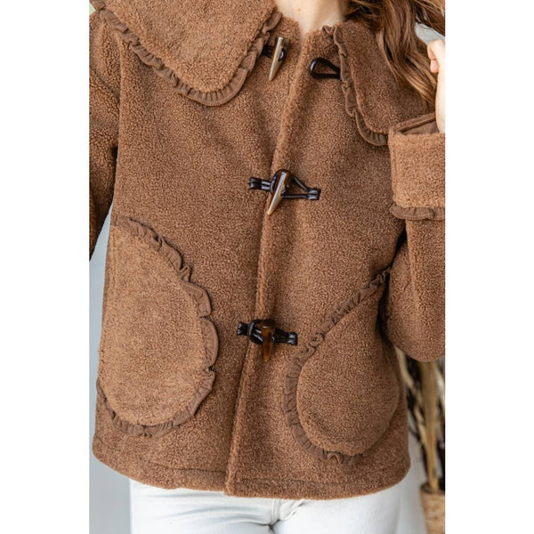 Faux Sherpa Peter Pan Duffle button Jacket: Brown / M