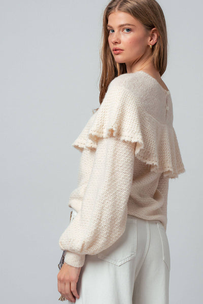 Ruffle Yoke Blouson Sleeve Knit Sweater: NATURAL