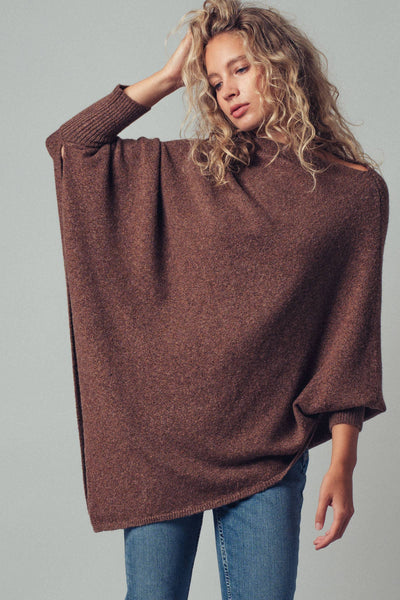 Shimmer Asymmetric Hem Knit Poncho: Brown