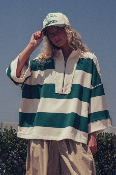 Oversized Half Zip Bold Stripe Statement Pullover Sweatshirt: CREAM GREEN