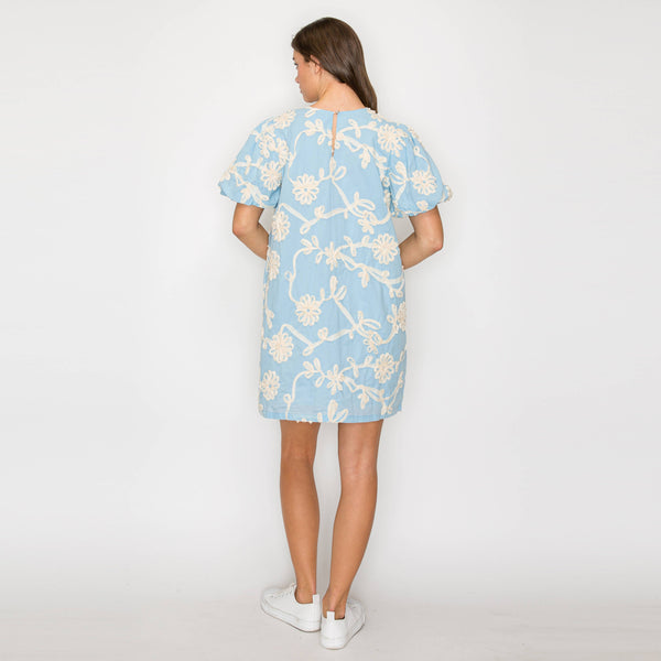 Baby Blue with White Rosette Detail Mini Dress: