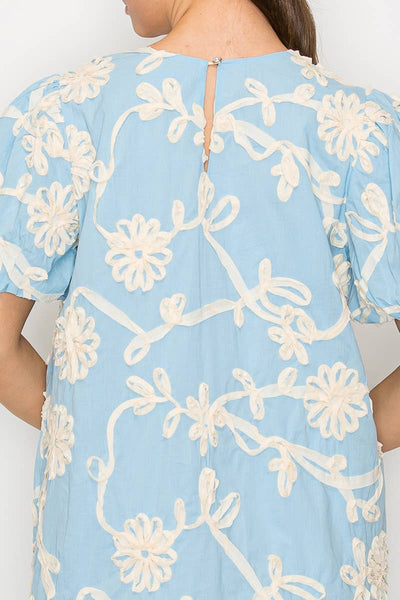 Baby Blue with White Rosette Detail Mini Dress: