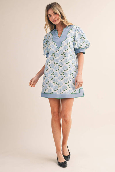 FLORAL PRINT PUFF SLEEVE A-LINE MINI DRESS :WHITE BLUE FLORAL