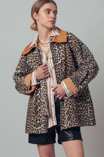 Corduroy Collar Leopard Print Jacket: LEOPARD